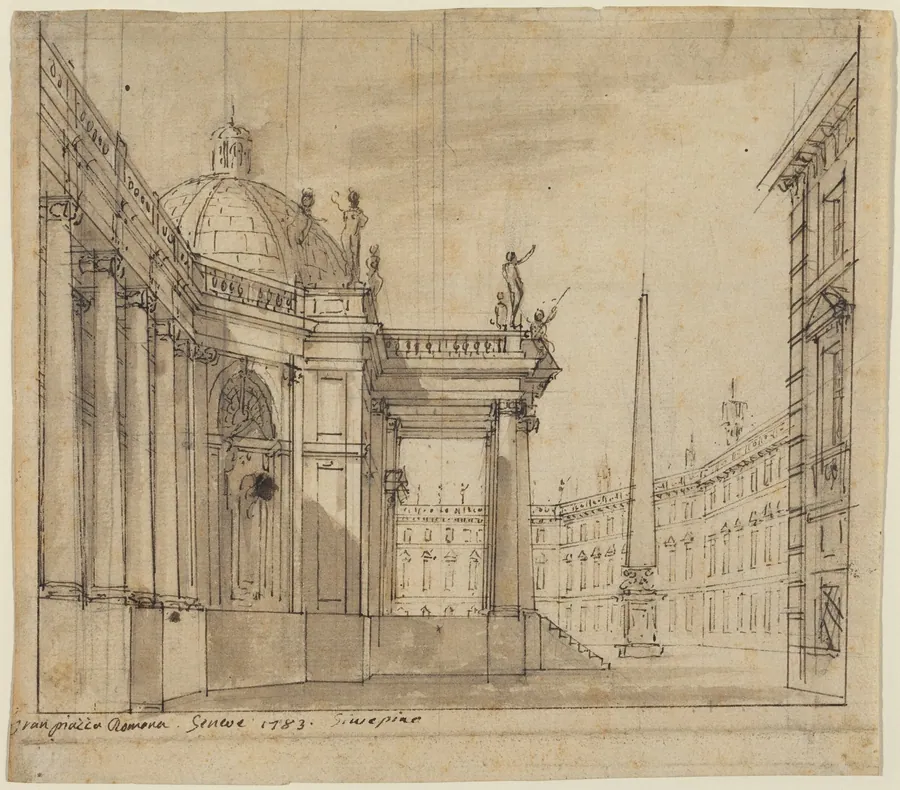 Stage Design: A Piazza with a Domed Church and an Obelisk by Giuseppino Galliari