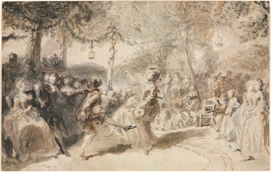 Costumed Dancers Performing in a Garden Tavern by Gabriel de Saint-Aubin