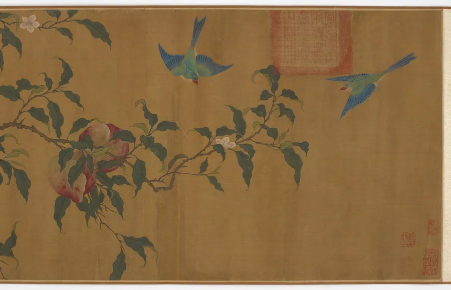 Birds among peach branches by Formerly attributed to Li Di (active late 12th-early 13th century)