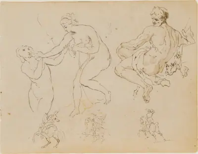 Two Female Nudes; Seated Male Nude (after Michelangelo?); Three Equestrian Figures (from Sketchbook)