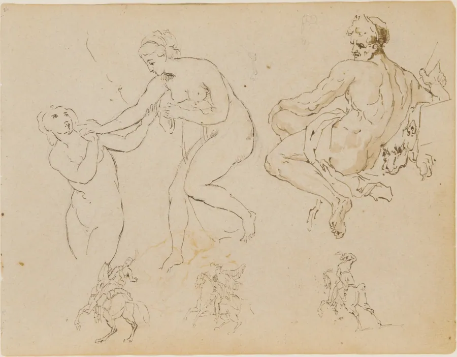 Two Female Nudes; Seated Male Nude (after Michelangelo?); Three Equestrian Figures (from Sketchbook) by Thomas Sully