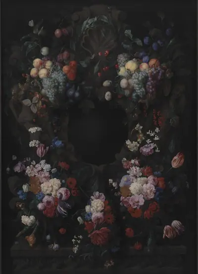 Stenkartouche med guirlande af frugt og blomster
