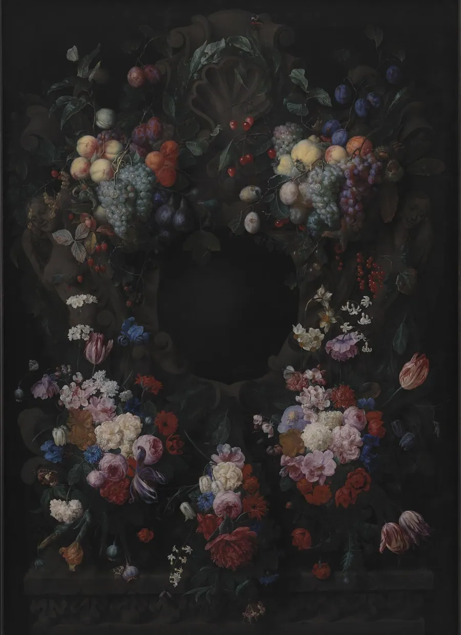 Stenkartouche med guirlande af frugt og blomster by Joris van Son