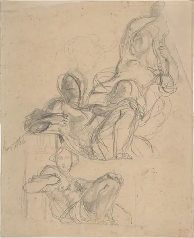 Sheet of figure studies: two studies of a reclining figure, and a seated figure holding a lyre (?).