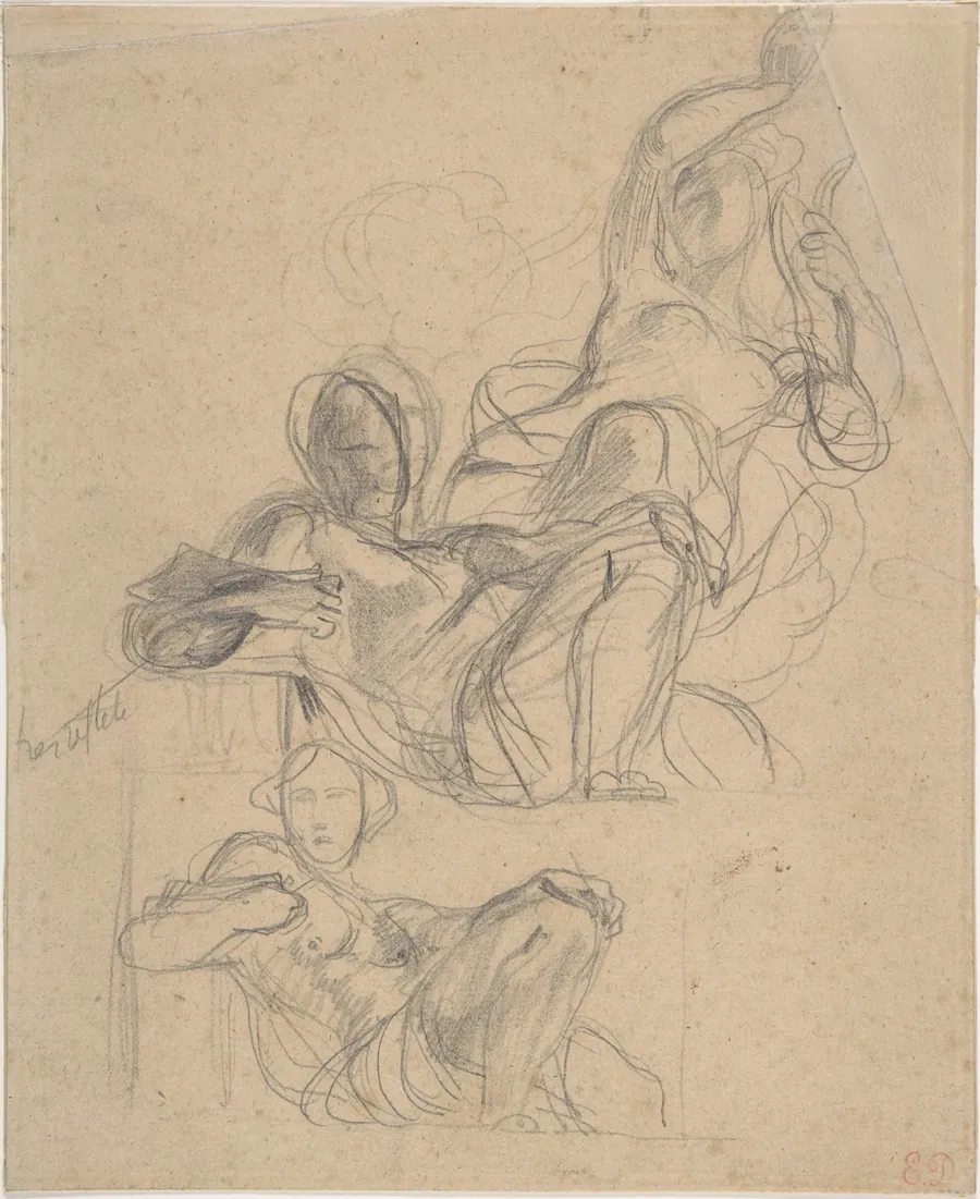 Sheet of figure studies: two studies of a reclining figure, and a seated figure holding a lyre (?). by Eugène Delacroix