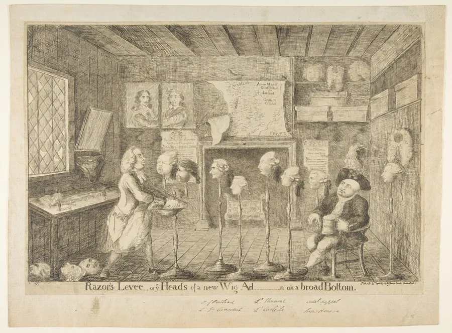 Razor's Levée, or Ye Heads of a New Wig Ad[ministration] on a Broad Bottom by James Sayers