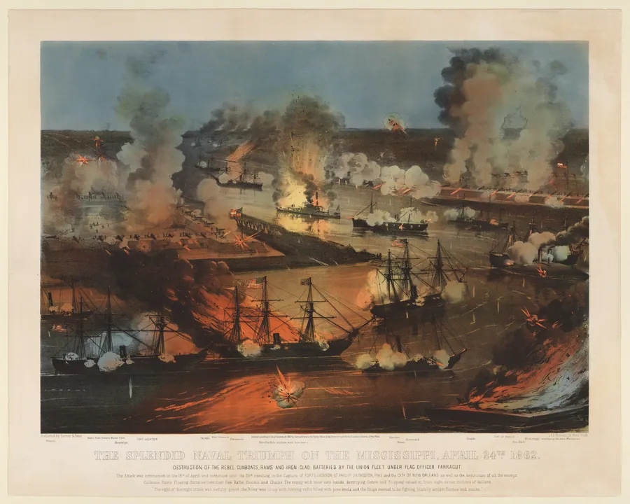 The Splendid Naval Triumph on the Mississippi, April 24th, 1862: Destruction of the Rebel Gunboats, Rams, and Iron Clad Batteries by the Union Fleet under Flag Officer Farragut by Currier & Ives
