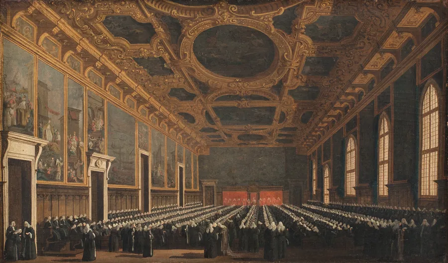 Dogen og det store råd forsamlede i Sala del consiglio maggior i Dogepaladset by Canaletto