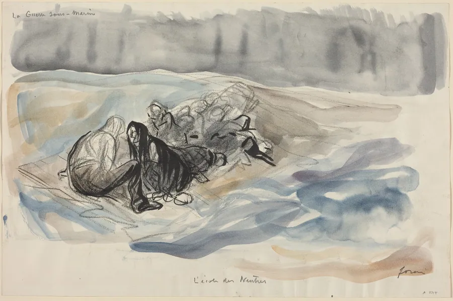 a) La Guerre sous-Marine. L'ecole des Neutres (recto); b) Study of  La Guerre sous-Marine. L'ecole des Neutres (verso) by Jean-Louis Forain