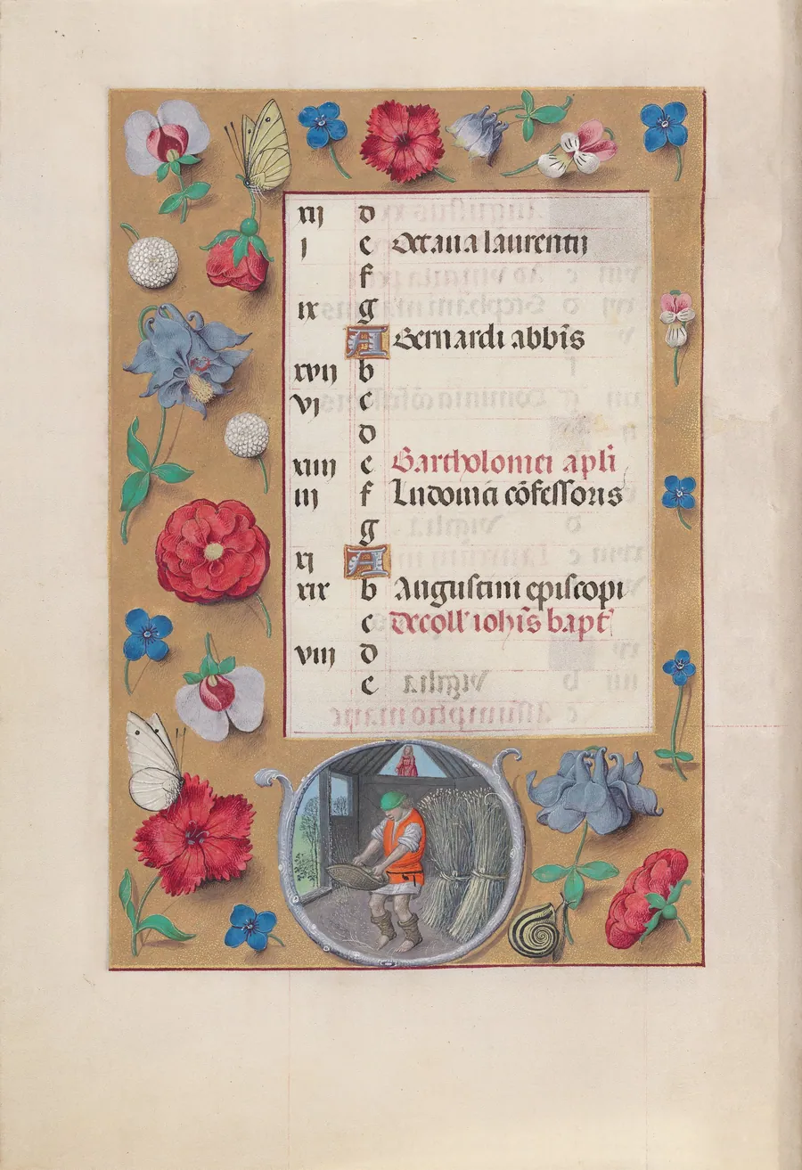 Hours of Queen Isabella the Catholic, Queen of Spain:  Fol. 9v, August by Master of the First Prayerbook of Maximillian