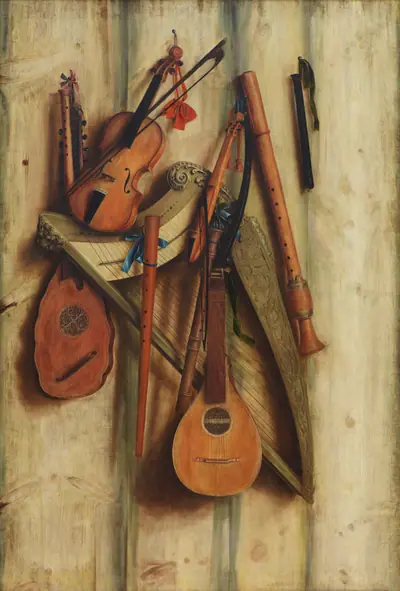 Bræddevæg med musikinstrumenter. Trompe l'oeil