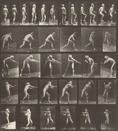 Plate Number 521. A: Walking. B: Ascending a step. C: Throwing the disk. D: Using a shovel. E, F: Using a pick