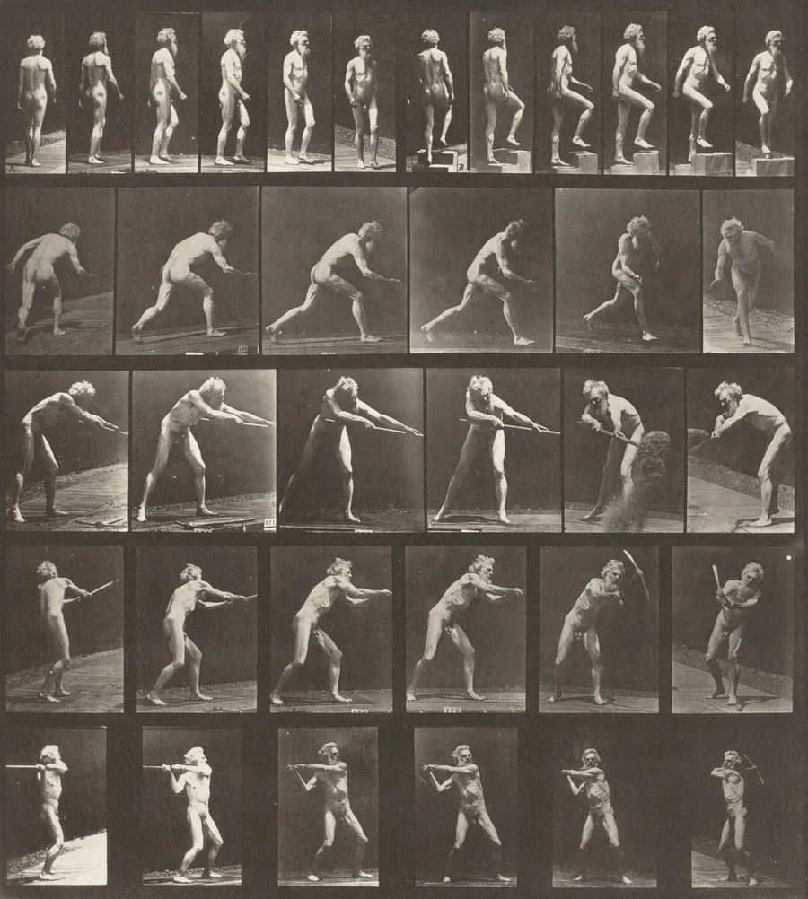 Plate Number 521. A: Walking. B: Ascending a step. C: Throwing the disk. D: Using a shovel. E, F: Using a pick by Eadweard Muybridge