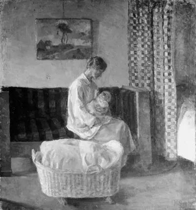 Marie Schou, f. Hansen, kunstnerens første hustru med sit barn