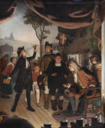 Holberg overværer en prøveforestilling af Erasmus Montanus, IV akt, 2. scene: "Ergo er I en Hane"