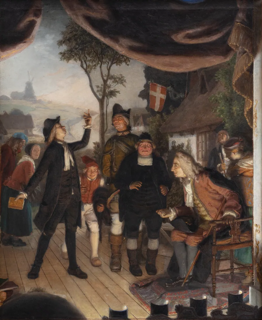 Holberg overværer en prøveforestilling af Erasmus Montanus, IV akt, 2. scene: "Ergo er I en Hane" by Lorenz Frølich
