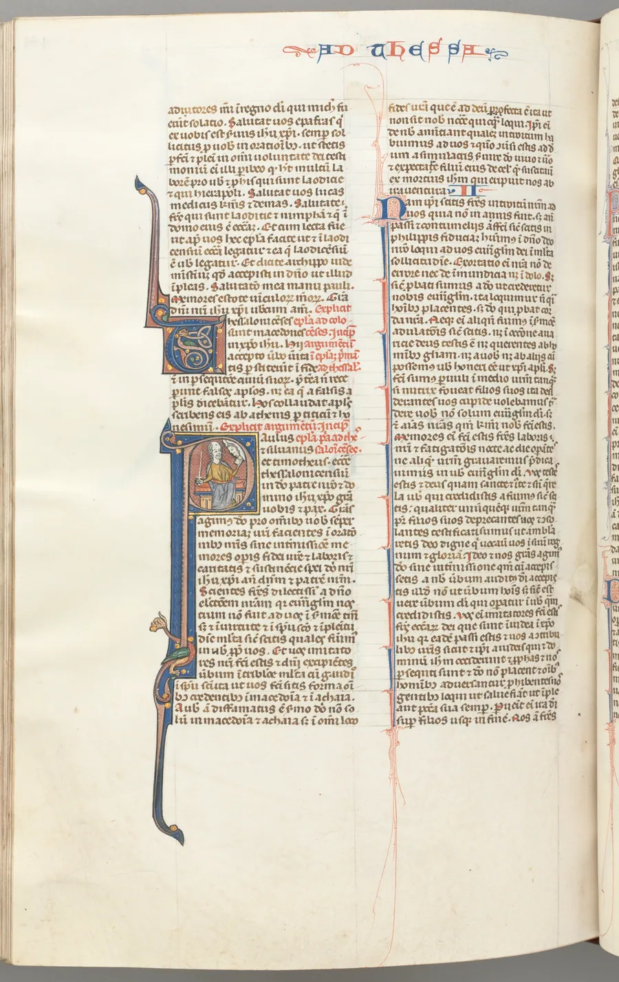 Fol. 454v,Thessalonians I, historiated initial P, Paul seated with a sword and a book, talking to the bust of God above