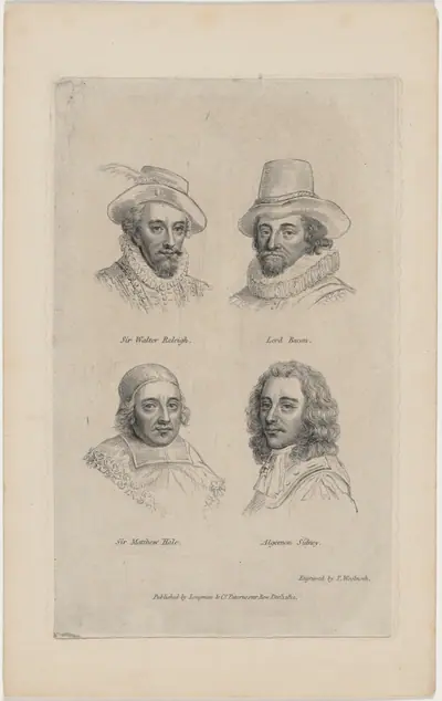 Portraits of Sir Walter Raleigh, Lord Bacon, Algernon Sidney, and Sir Matthew Hale