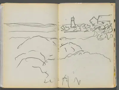 Sketchbook- The Granite Shore Hotel, Rockport, page 102 & 103: Harbor View with Lighthouse