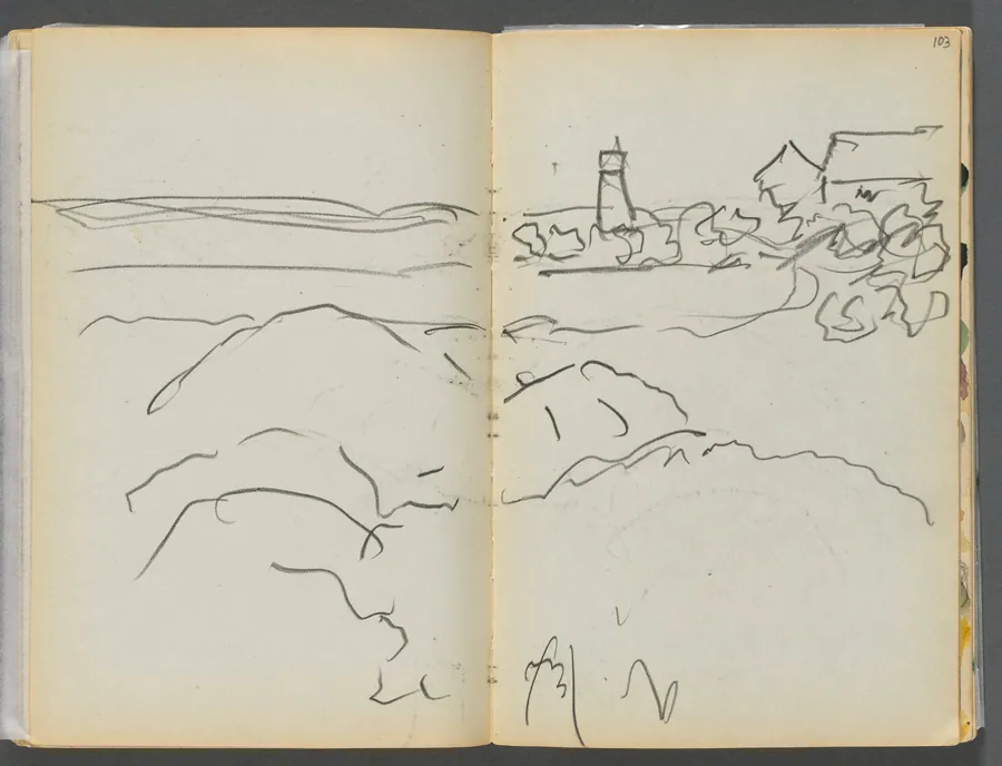 Sketchbook- The Granite Shore Hotel, Rockport, page 102 & 103: Harbor View with Lighthouse by Maurice Prendergast
