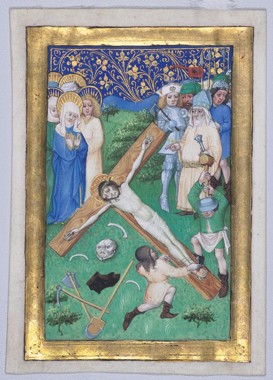Leaf from a Book of Hours: Christ Being Nailed to the Cross by Master of the Maximilian Schoolbooks