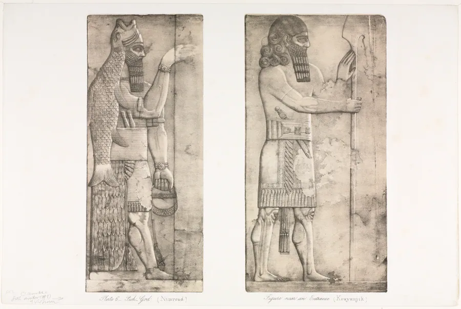 Monuments of Ninevah: Plate 6, Fish-god (Nimroud); Figure near an Entrance (Kouyunjik) by Austen Henry Layard