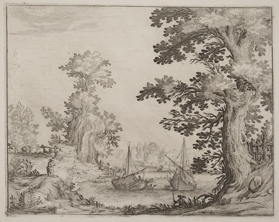 Landscape and River with Anchored Vessels by Ercole Bazicaluva