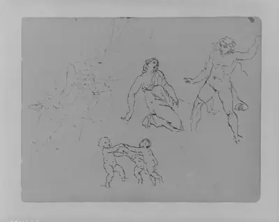 Seated, Bearded Man [Falstaff?]; Lucretia [? and ?]; Three Dancing Putti (from Sketchbook)