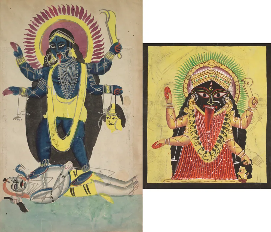 Leaf from a Kalighat album: Two Aspects of Kali