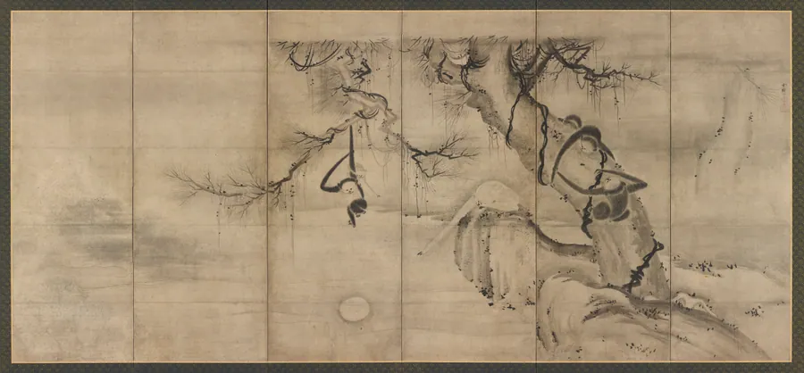 Monkeys and trees on a river bank by Sesson Shukei 雪村周継 (1504-1589)