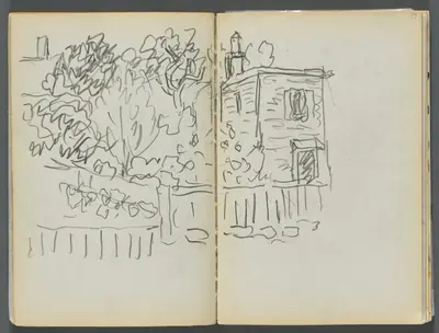 Sketchbook- The Granite Shore Hotel, Rockport, page 054 & 55: House and Fenced Garden