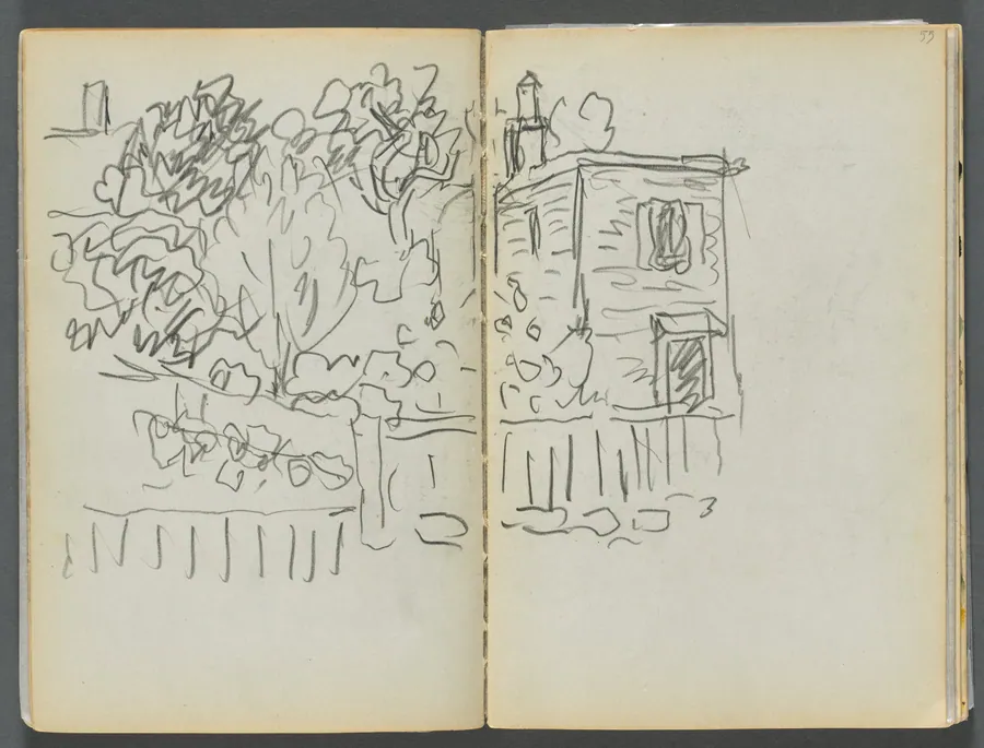 Sketchbook- The Granite Shore Hotel, Rockport, page 054 & 55: House and Fenced Garden by Maurice Prendergast