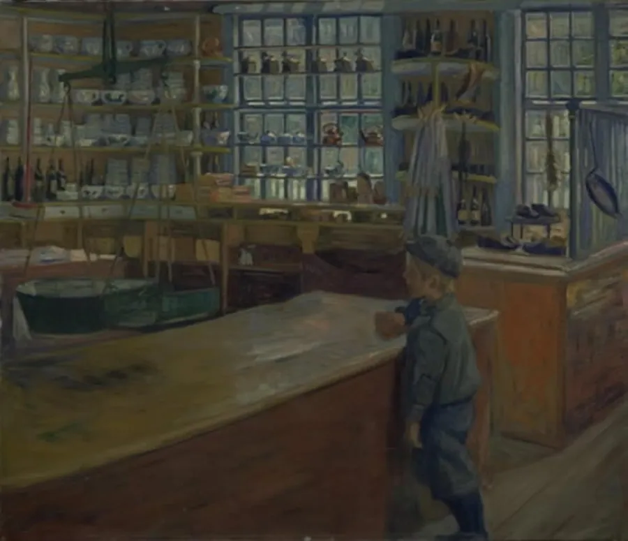 En høkerbutik i Flekkefjord by August Jacobsen