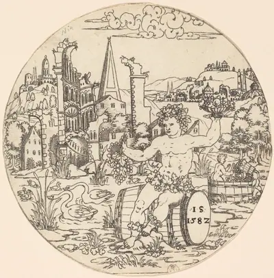 Bacchus Seated on a Barrel and Holding Grapes