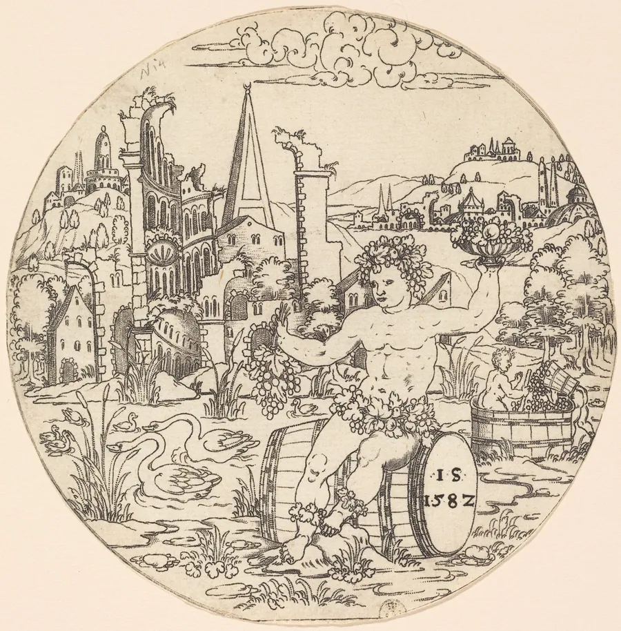 Bacchus Seated on a Barrel and Holding Grapes by Jonas Silber