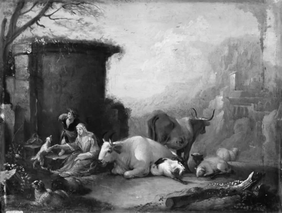 Landskab med kvæg, hyrdinden leger med en hund by Ubekendt