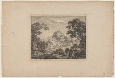 Woodland Village with a Woman on a Footbridge