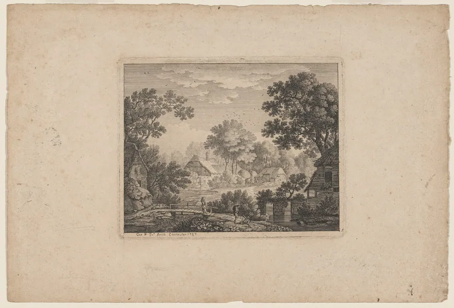 Woodland Village with a Woman on a Footbridge by John Smith