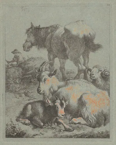 Horse, Ram, Goat with Kid; In the Distance a Shepherd with Flock
