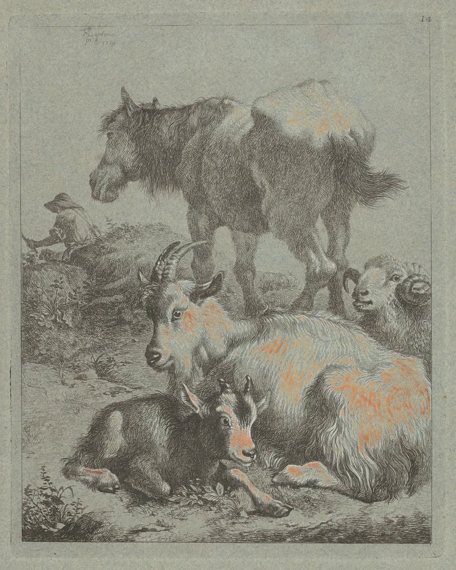 Horse, Ram, Goat with Kid; In the Distance a Shepherd with Flock by Francesco Londonio