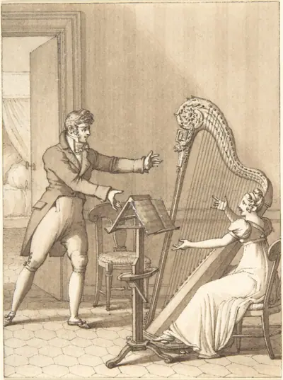 Design for a Book Illustration: a Man Approaching a Woman Playing a Harp