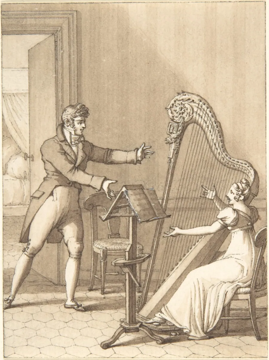Design for a Book Illustration: a Man Approaching a Woman Playing a Harp by Anonymous, German, 19th century