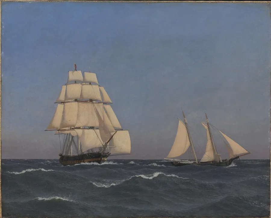 En kaperskonnert, som undløber en forfølgende fregat by C.W. Eckersberg