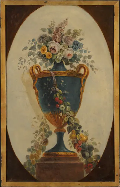 Vase of Flowers Draped with Garlands