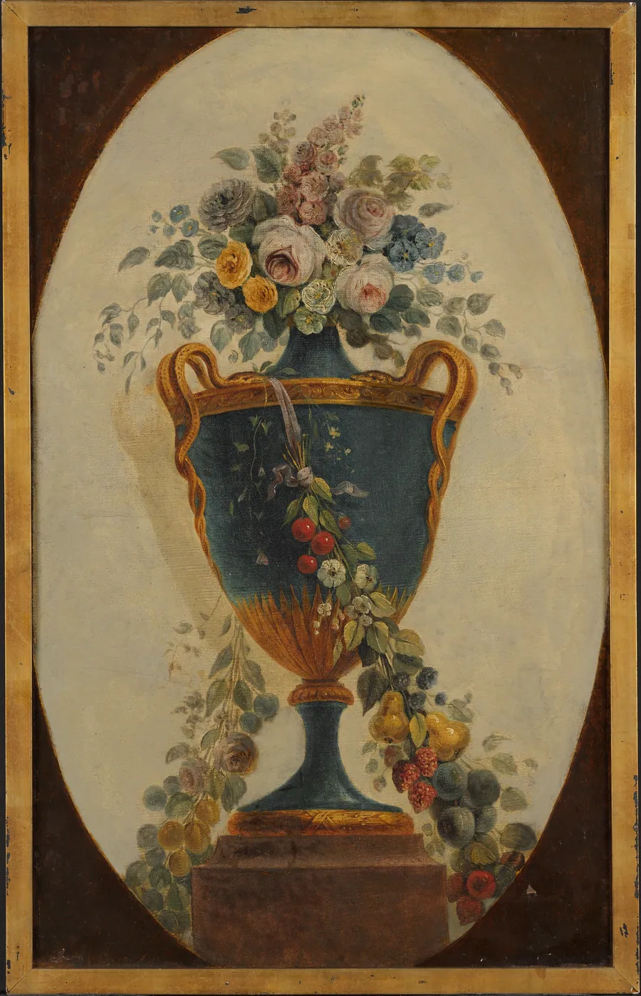 Vase of Flowers Draped with Garlands by French Painter