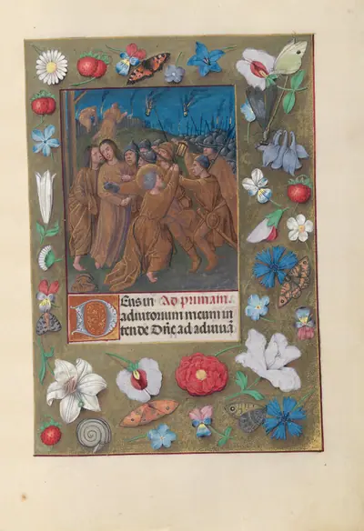 Hours of Queen Isabella the Catholic, Queen of Spain: Fol. 61r, Kiss of Judas