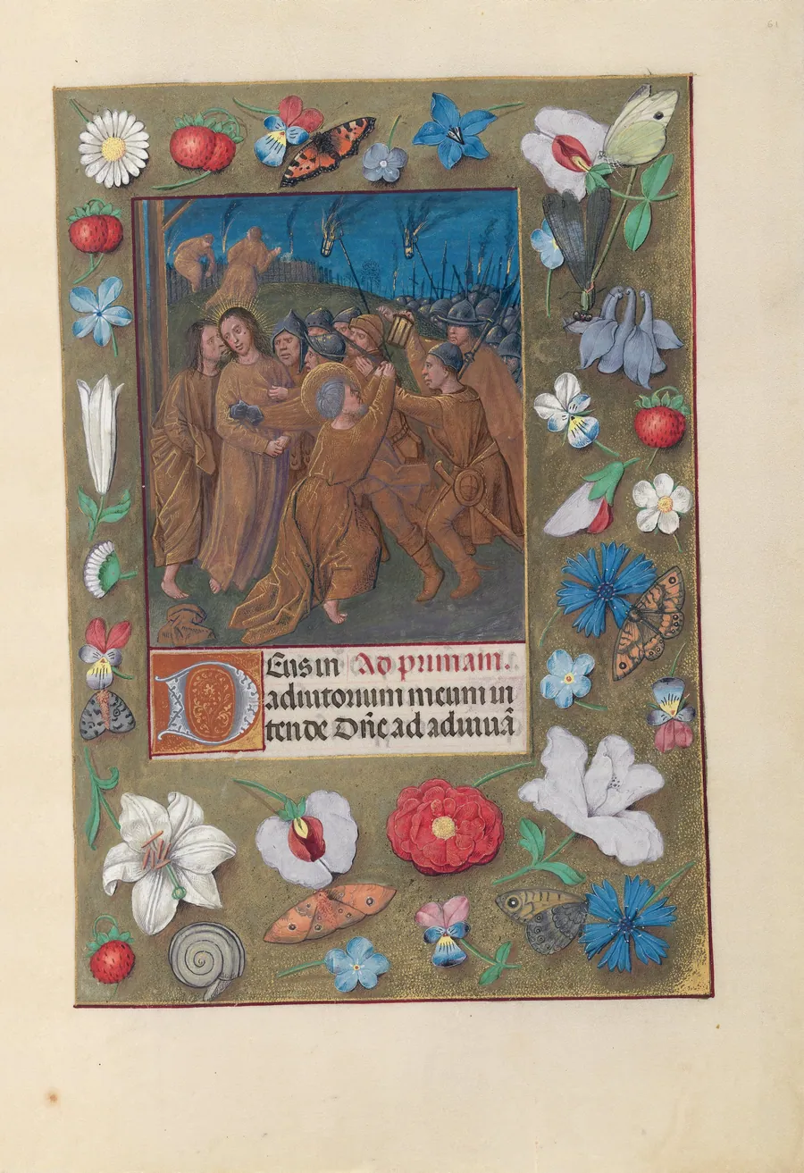 Hours of Queen Isabella the Catholic, Queen of Spain:  Fol. 61r, Kiss of Judas by Master of the First Prayerbook of Maximillian