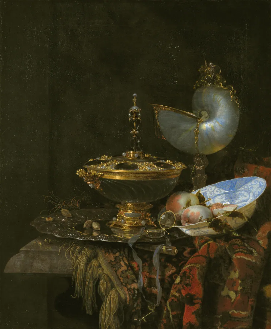 Pragtstilleben med Holbeinskål, Nautilus- og glaspokal og frugtskål by Willem Kalf