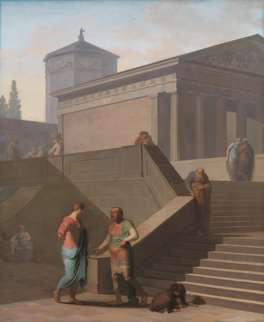 Elskeren Pamfilus i samtale med sin forslagne tjener Davus. Motiv fra Terents: Pigen fra Andros by Nicolai Abildgaard
