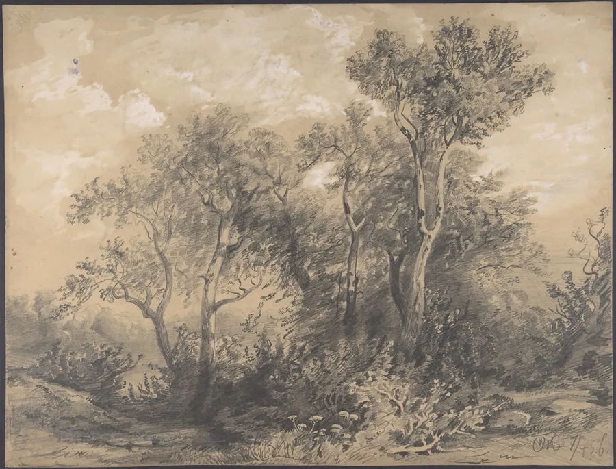 Trees (recto); Soldiers in a Wood (verso) by Alexandre Calame